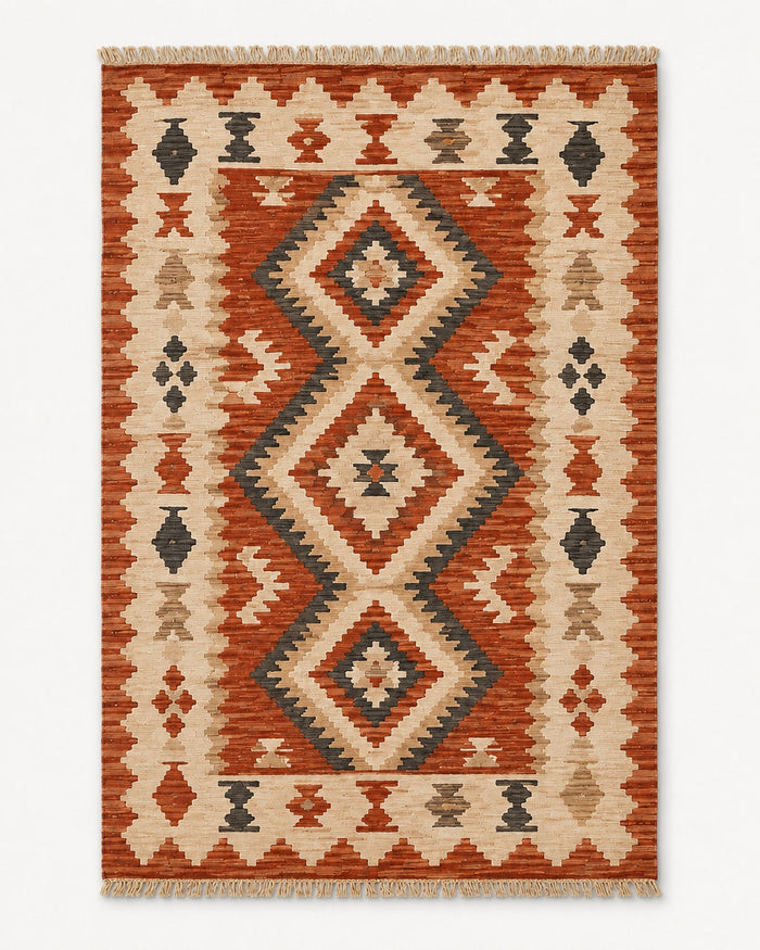 Terracotta charcoal beige and ivory diamond kilim rug with fringe for modern wholesale rug sourcing