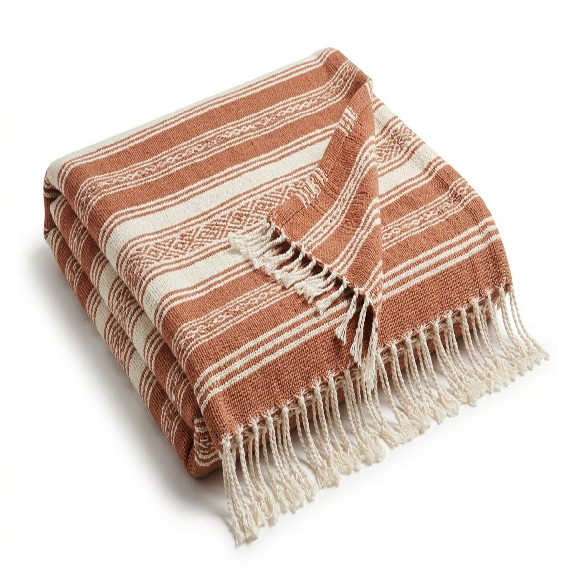 Terracotta and cream artisan banded stripe woven cotton throw with fringe 130×170 cm by Primeval