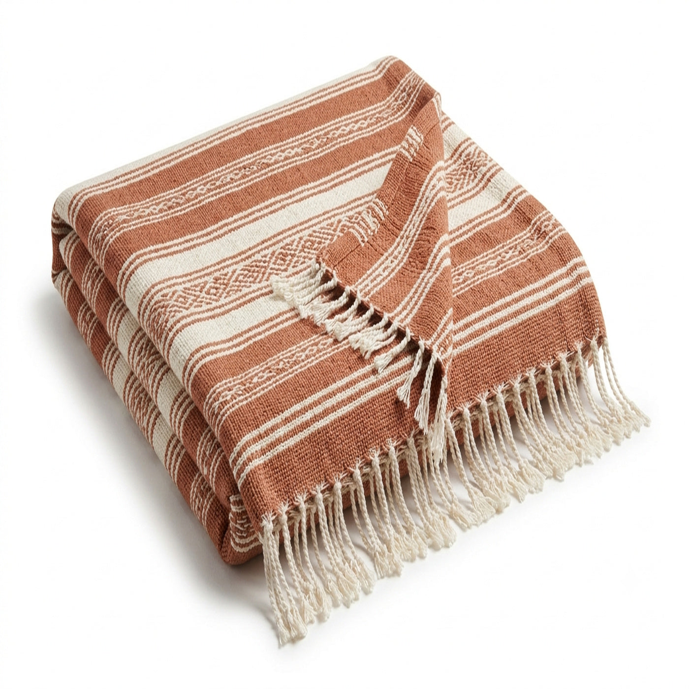 Terracotta and cream artisan banded stripe woven cotton throw with fringe 130×170 cm by Primeval