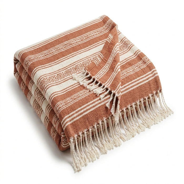 Terracotta and cream artisan banded stripe woven cotton throw with fringe 130×170 cm by Primeval