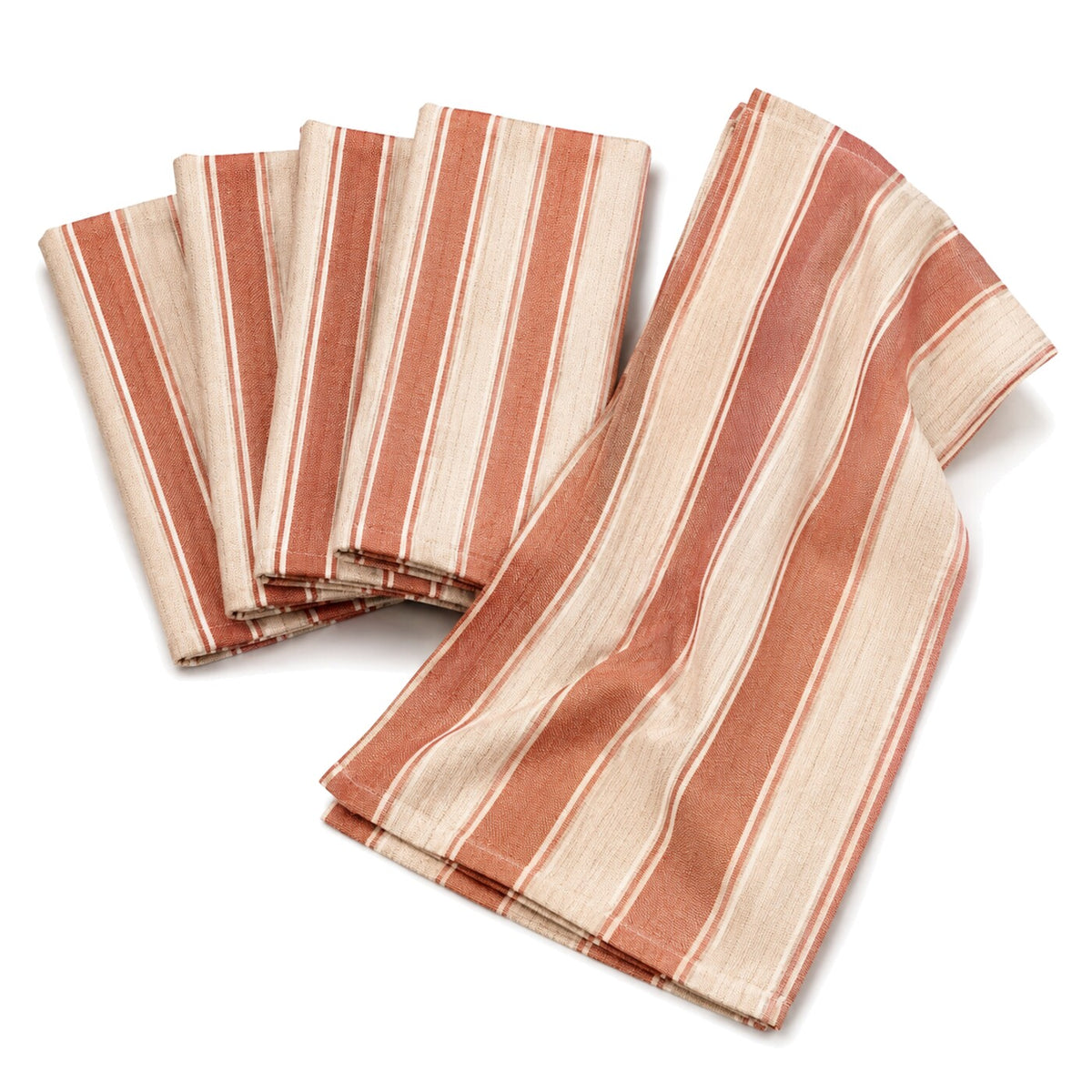 Primeval terracotta and cream vertical stripe cotton kitchen towel set in folded studio presentation