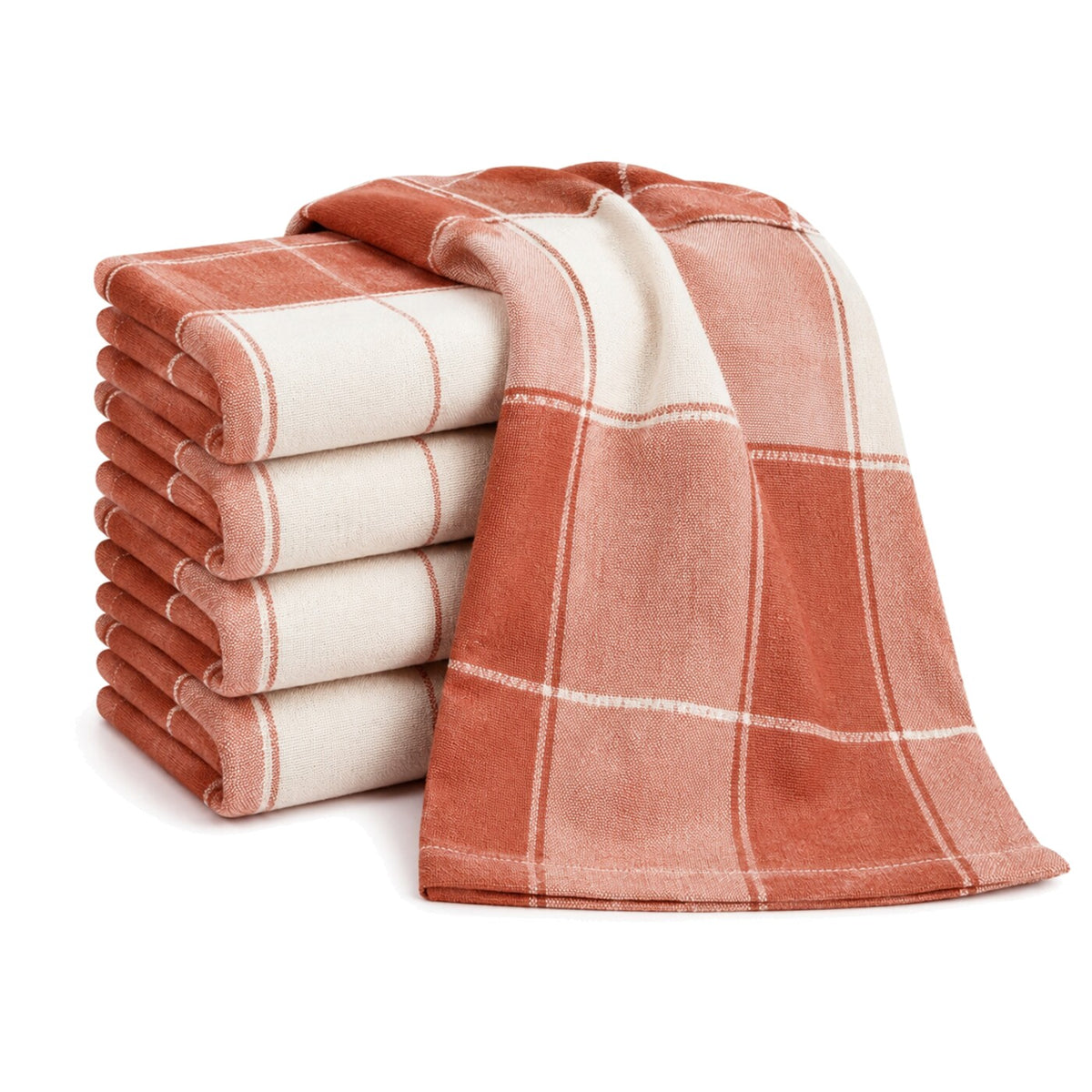 Primeval terracotta and cream windowpane check cotton kitchen towel set in folded studio presentation