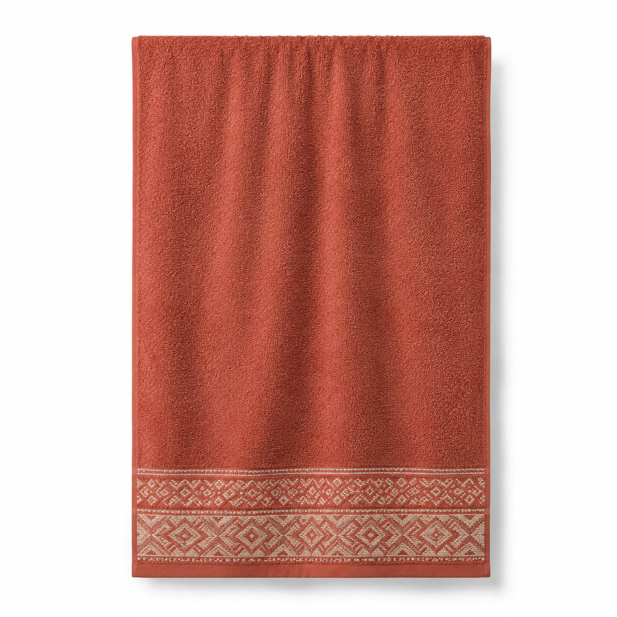 Terracotta ethnic dobby border cotton terry bath towel 70x140 cm for heritage hotel and spa collections