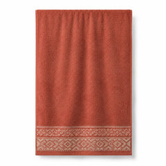 Terracotta ethnic dobby border cotton terry bath towel 70x140 cm for heritage hotel and spa collections