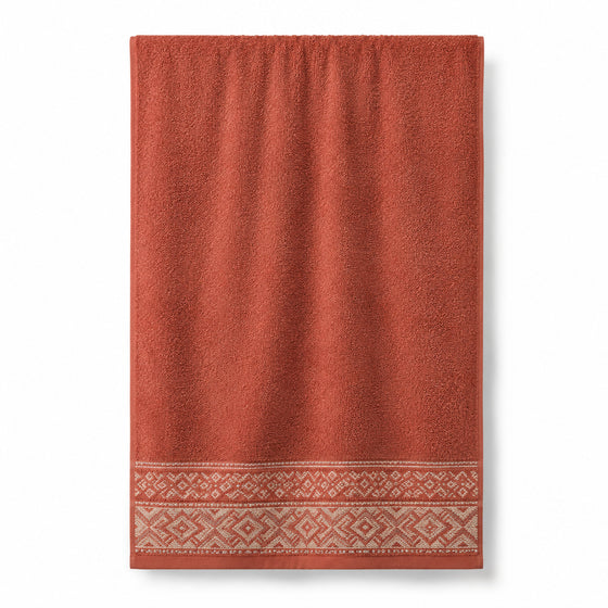 Terracotta ethnic dobby border cotton terry bath towel 70x140 cm for heritage hotel and spa collections