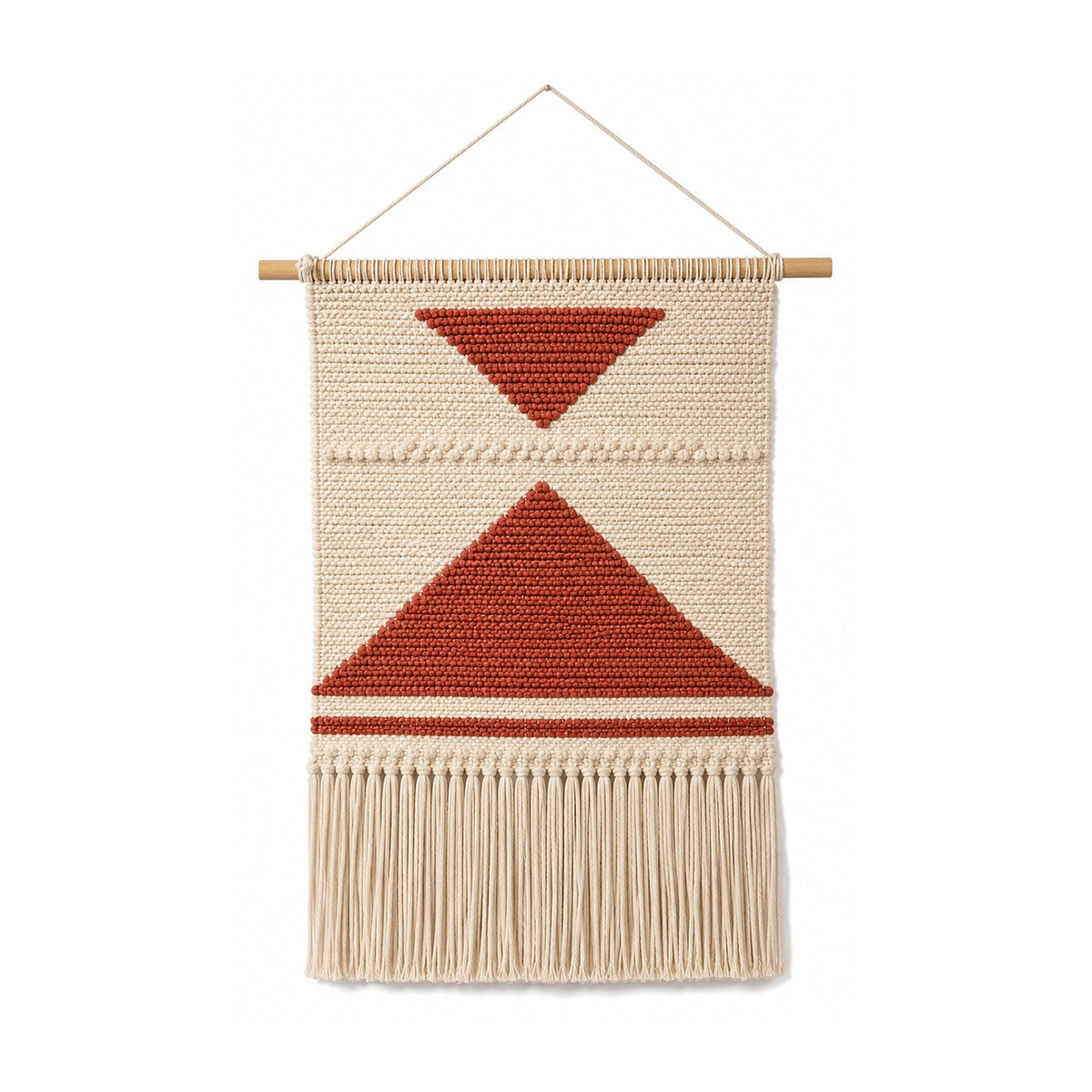 Terracotta and ivory geometric cotton wall hanging with bold triangle design and fringe