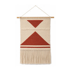 Terracotta and ivory geometric cotton wall hanging with bold triangle design and fringe