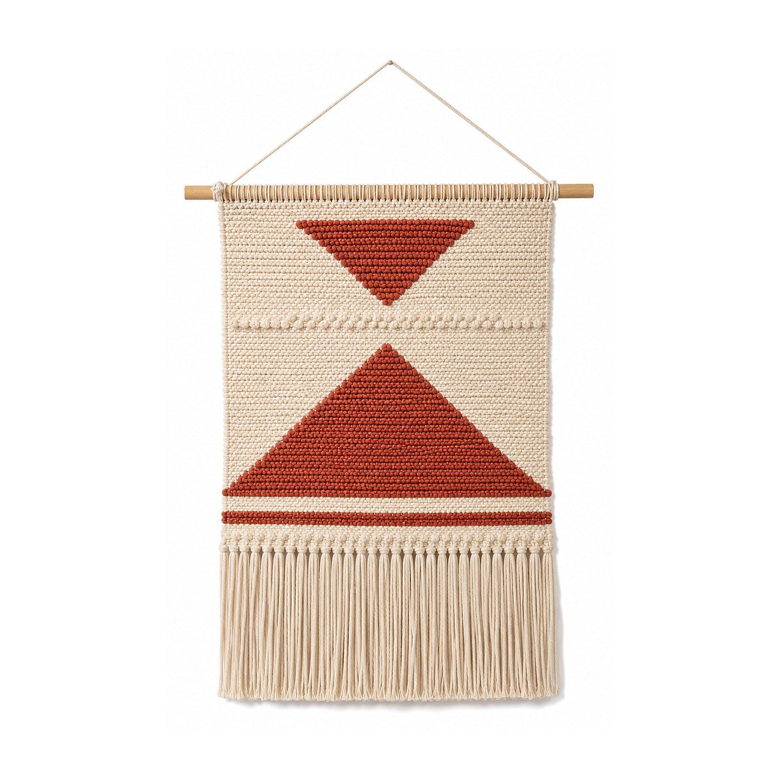 Terracotta and ivory geometric cotton wall hanging with bold triangle design and fringe