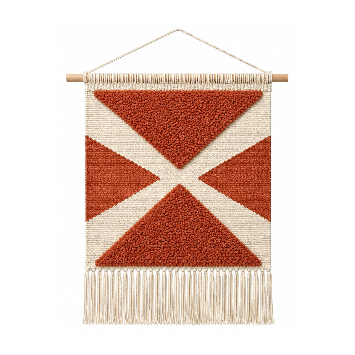 Terracotta geometric cotton woven wall hanging with bold intersecting blocks and fringe