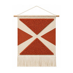 Terracotta geometric cotton woven wall hanging with bold intersecting blocks and fringe