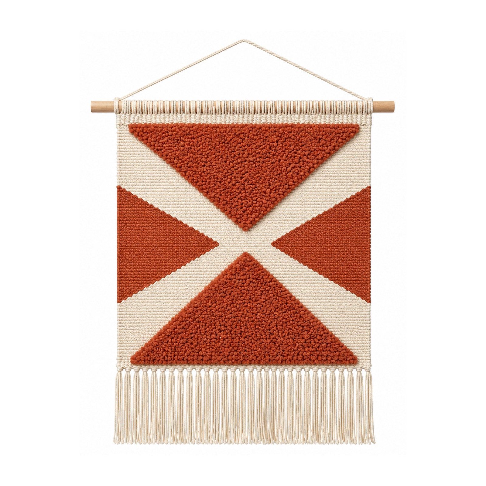 Terracotta geometric cotton woven wall hanging with bold intersecting blocks and fringe