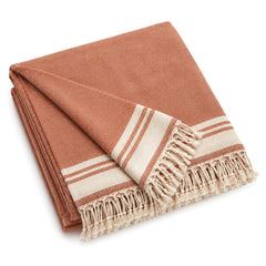Terracotta and ivory border striped woven cotton throw with fringe 130×170 cm by Primeval