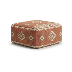 Terracotta and ivory tribal kilim-style square pouf by Primeval