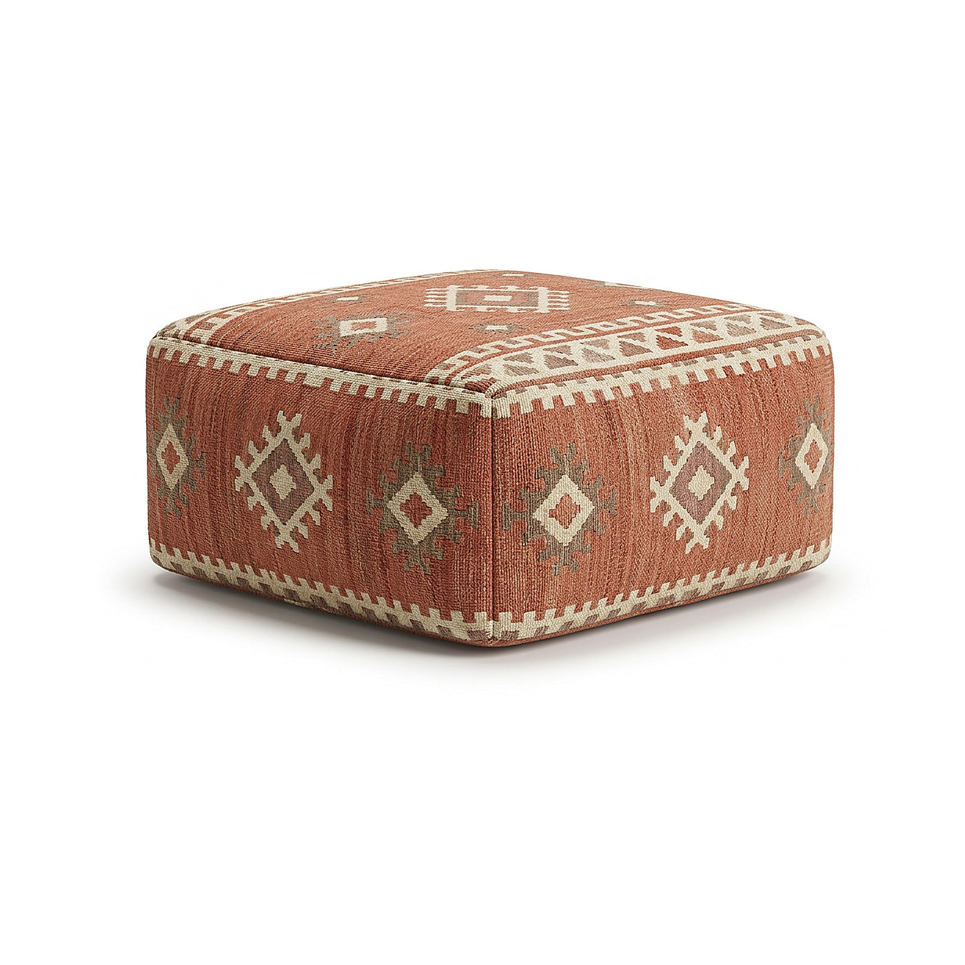 Terracotta and ivory tribal kilim-style square pouf by Primeval