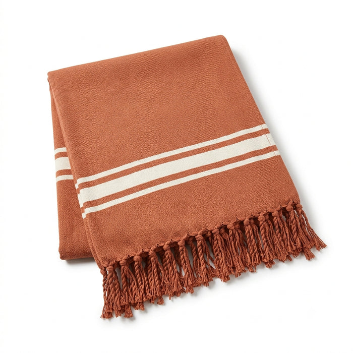 Terracotta and ivory triple stripe woven cotton throw with fringe 130×170 cm by Primeval