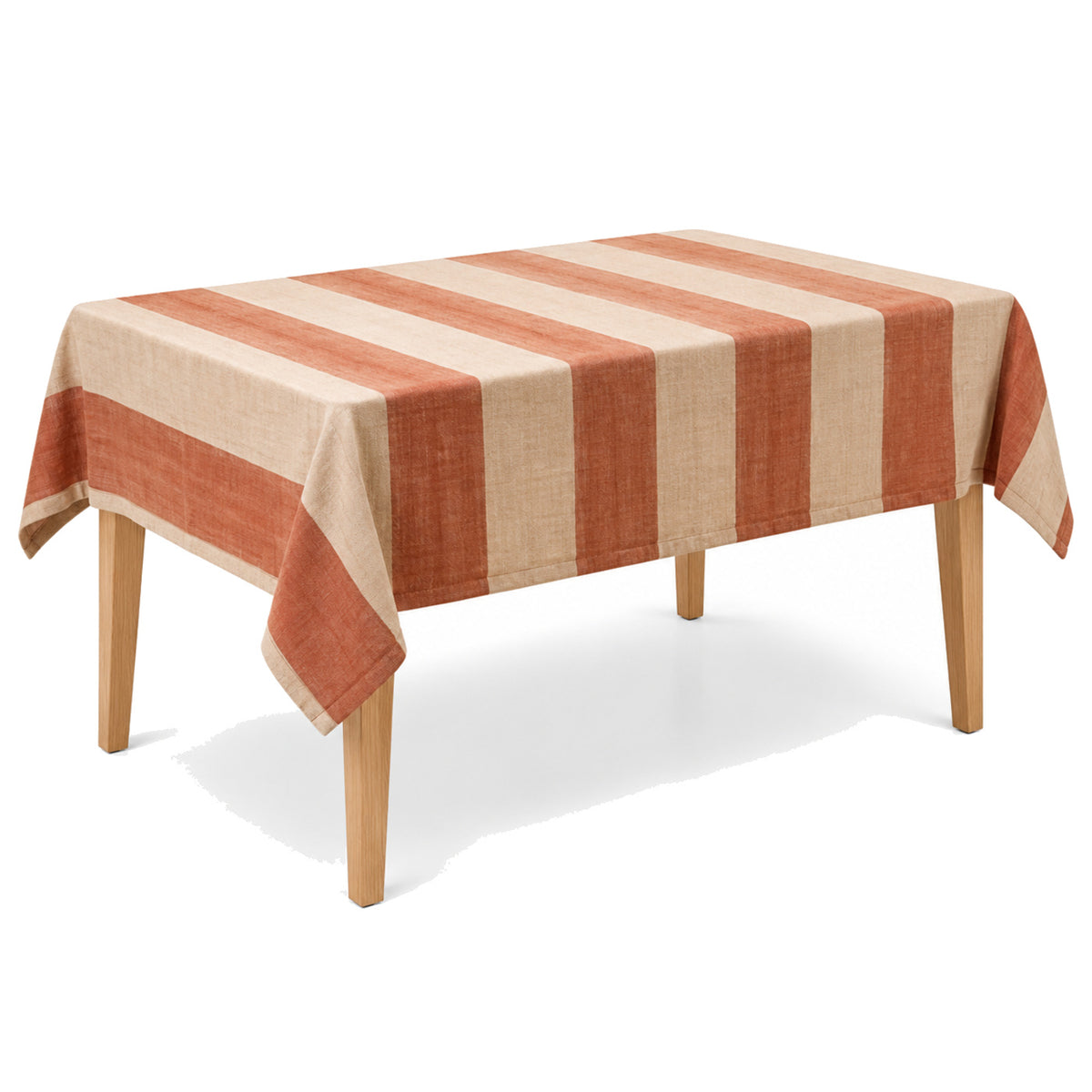 Primeval terracotta natural beige stripe tablecloth displayed on a rectangular dining table
