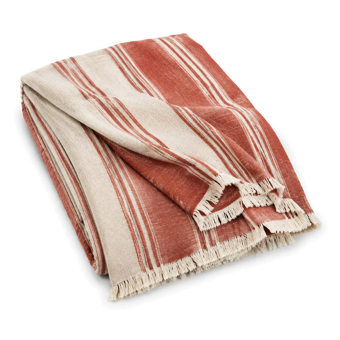 Terracotta and natural handwoven striped cotton throw with fringe 130×170 cm by Primeval