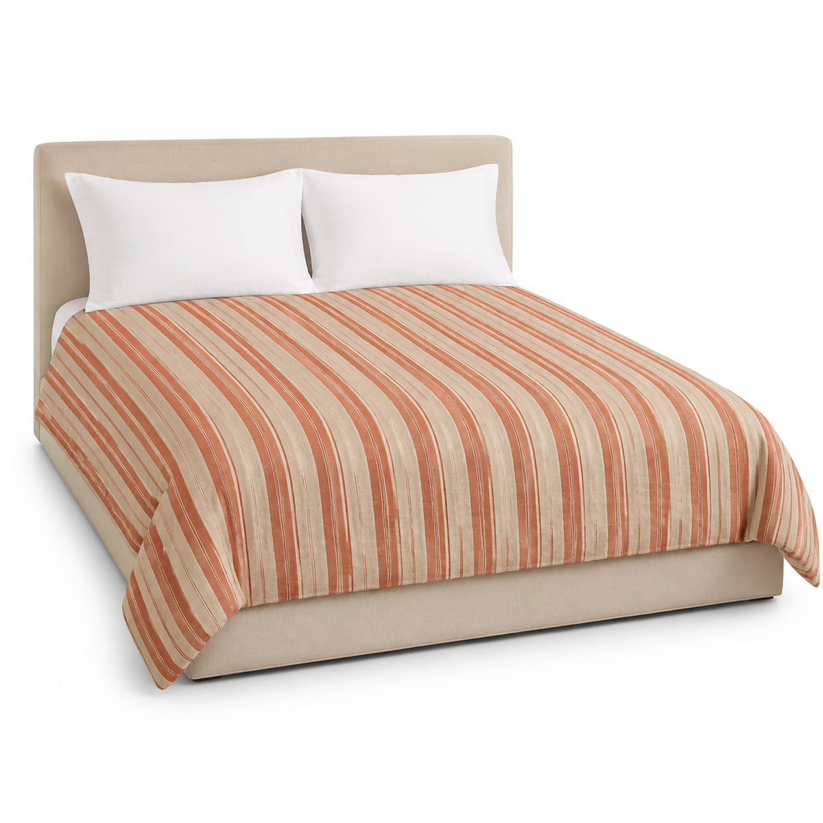 Primeval terracotta natural stripe duvet cover displayed on a styled bed against a clean white studio background