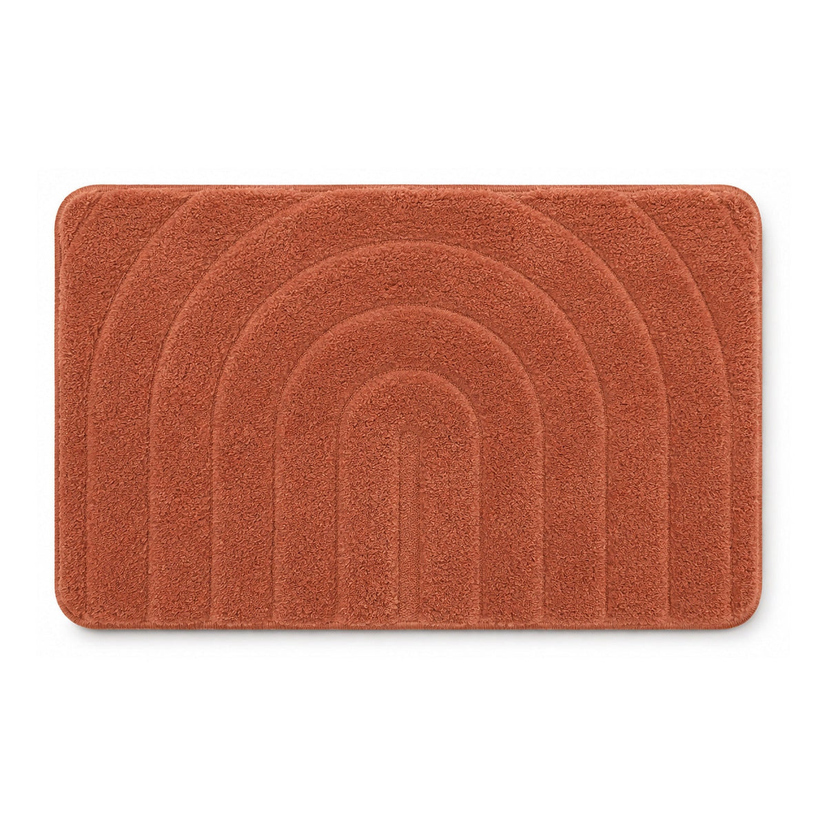 Terracotta rainbow arch tufted bath mat on white background