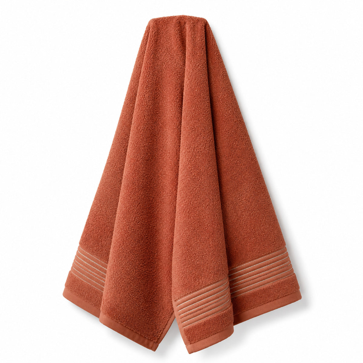 Terracotta striped border cotton terry bath towel 70x140 cm on white background