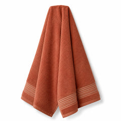 Terracotta striped border cotton terry bath towel 70x140 cm on white background