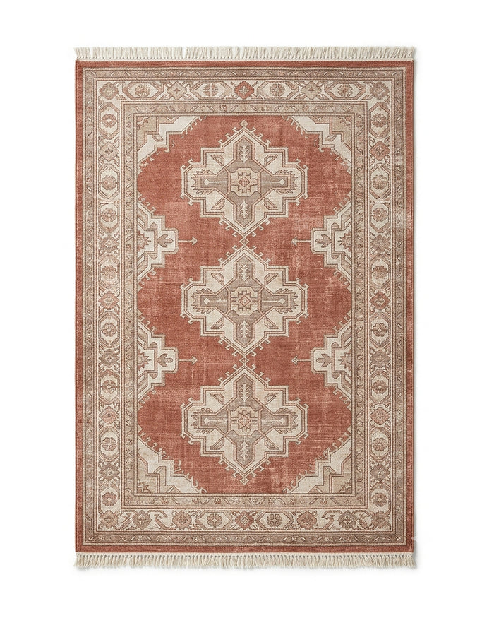 Terracotta vintage medallion area rug with fringe by Primeval