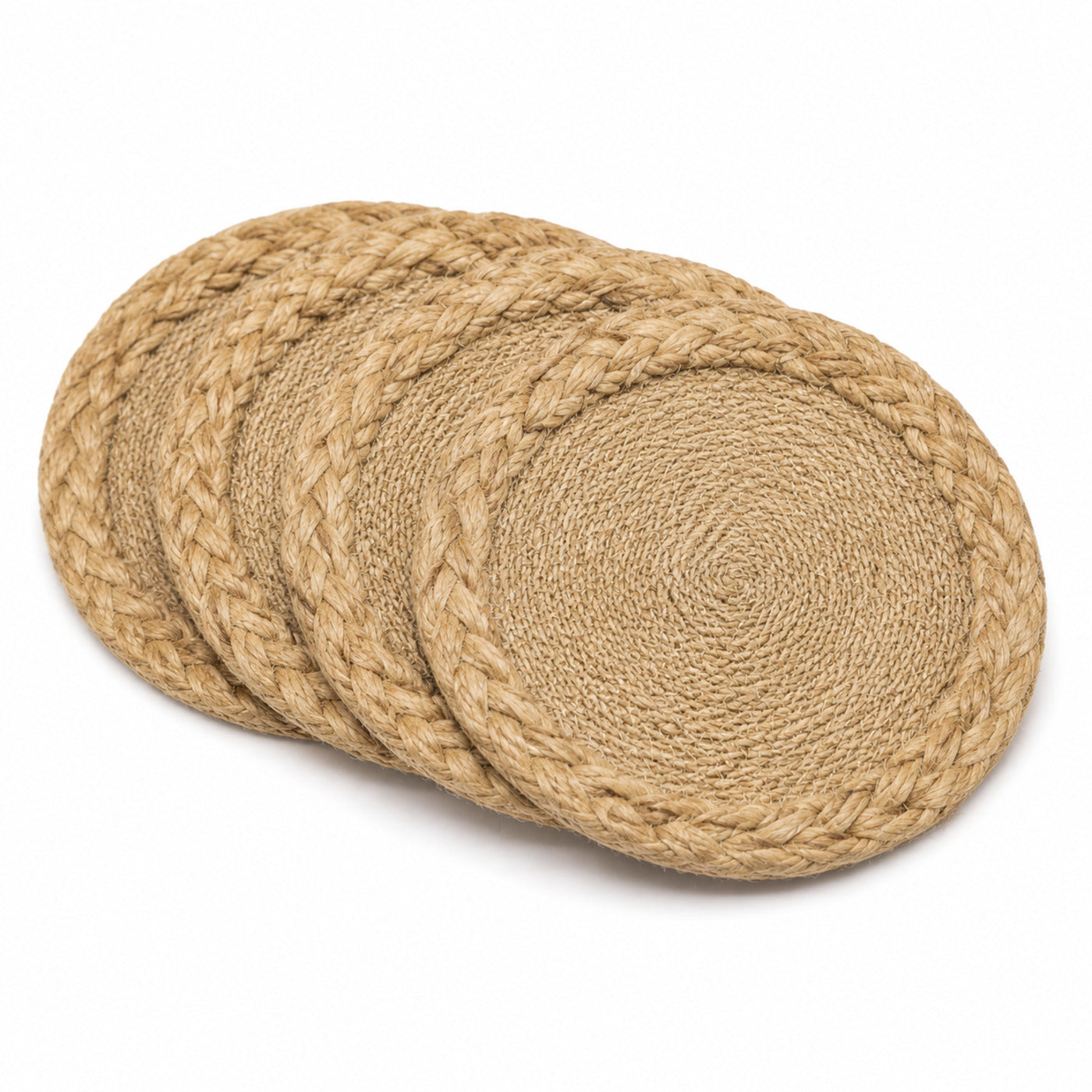 Thick edge jute coaster set on a clean white background
