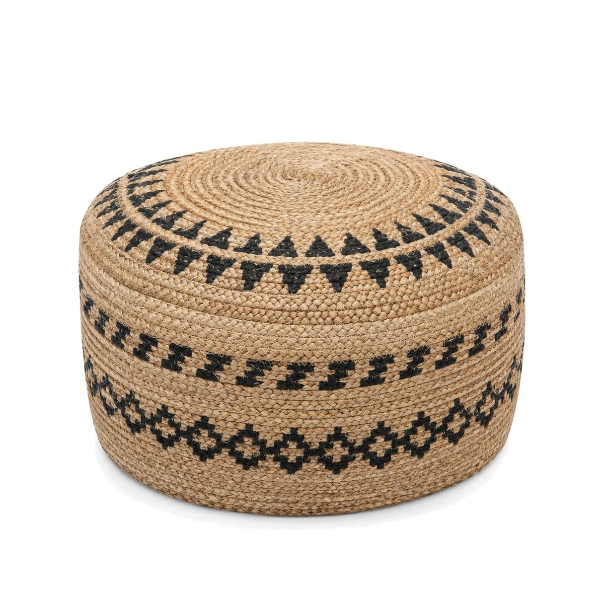 Natural jute round pouf with black geometric woven pattern