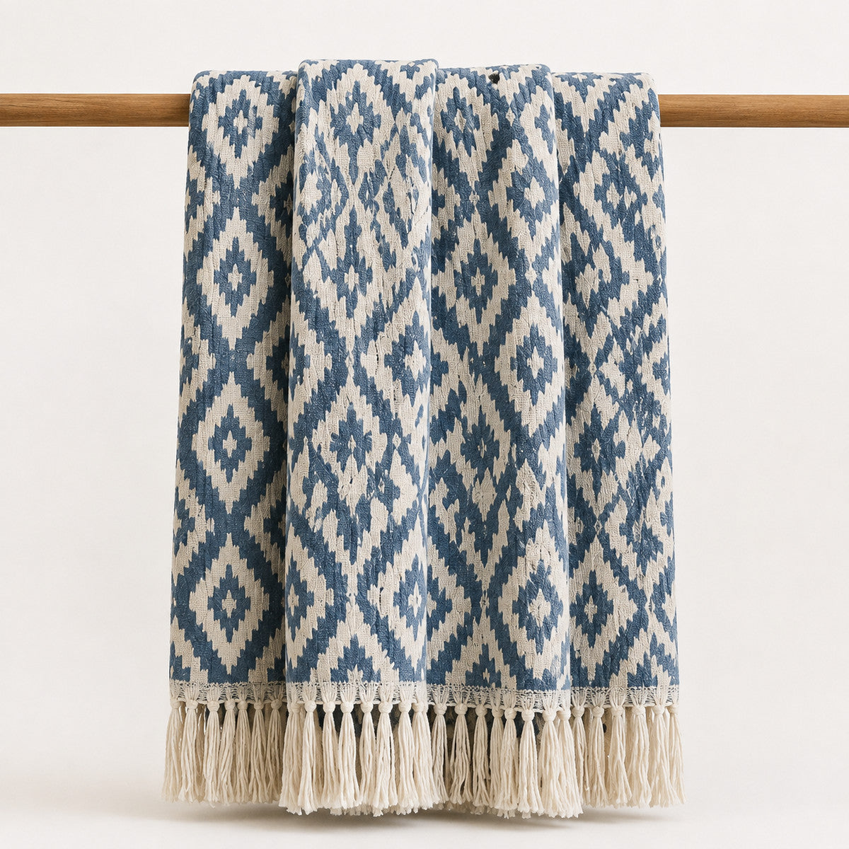 Blue and Cream Tribal Jacquard Throw with Fringe - Primeval