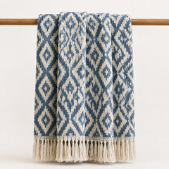 Blue and Cream Tribal Jacquard Throw with Fringe - Primeval