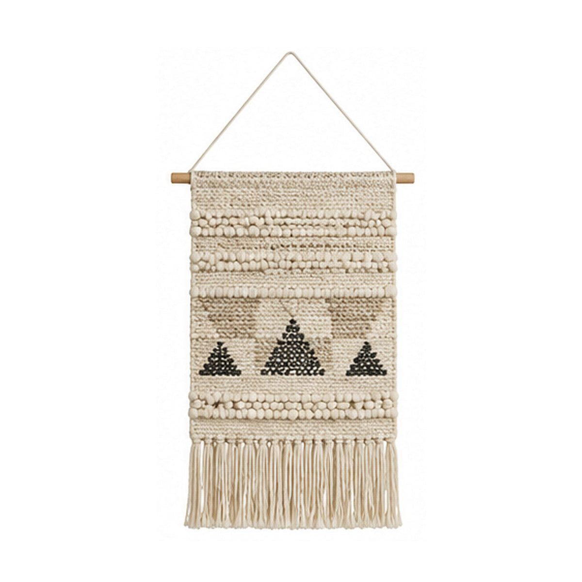 Tribal triangle cotton wall hanging in ivory beige and black with woven texture and fringe