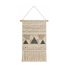 Tribal triangle cotton wall hanging in ivory beige and black with woven texture and fringe