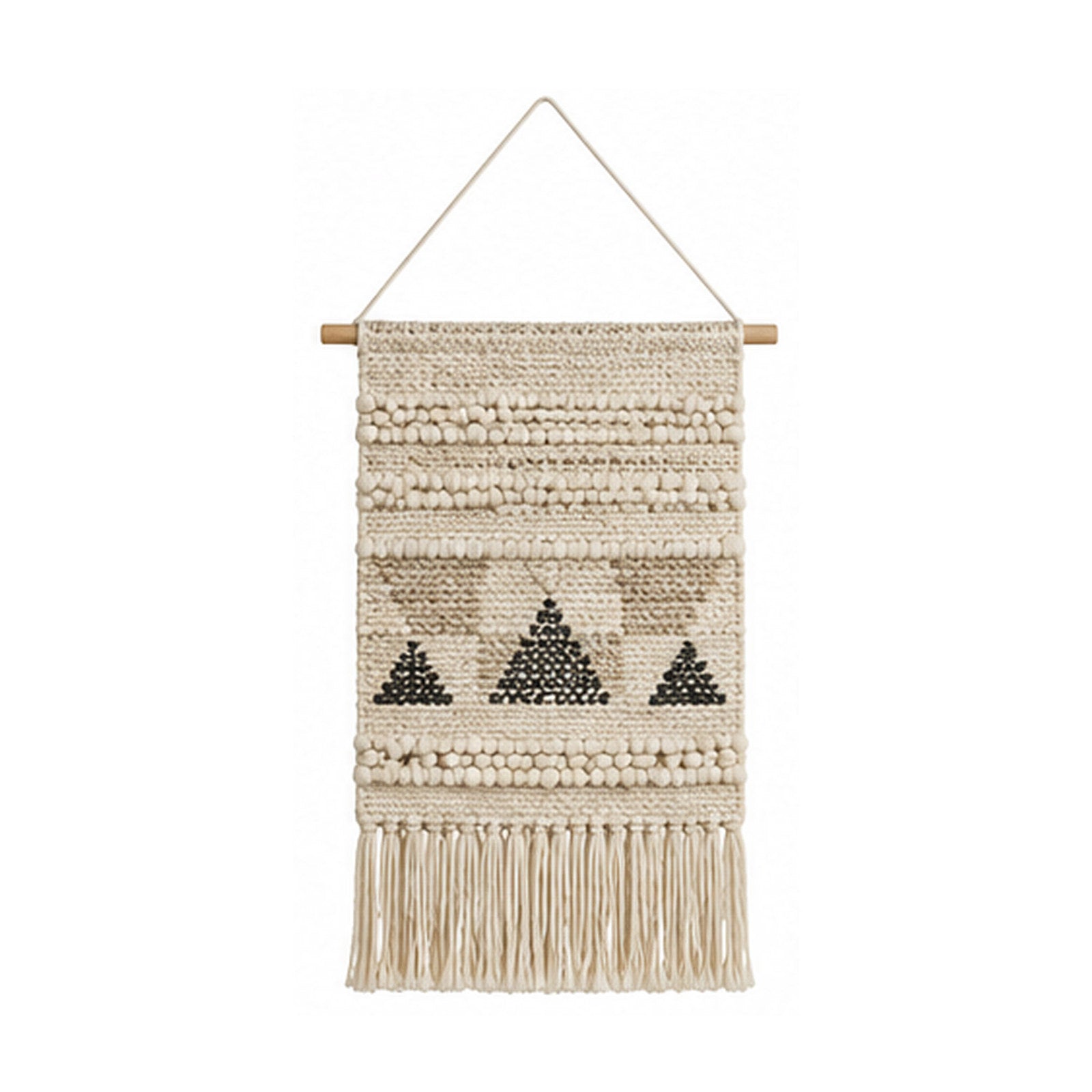 Tribal triangle cotton wall hanging in ivory beige and black with woven texture and fringe