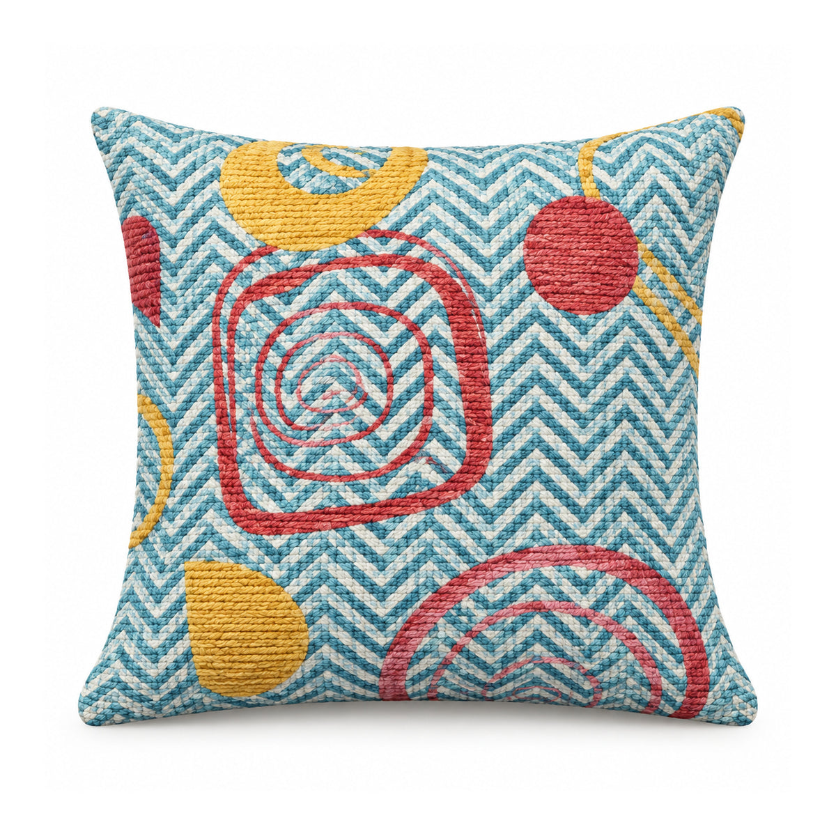 Primeval turquoise cushion cover with textured-looking zigzag lines and coral and ochre circular geometric motifs