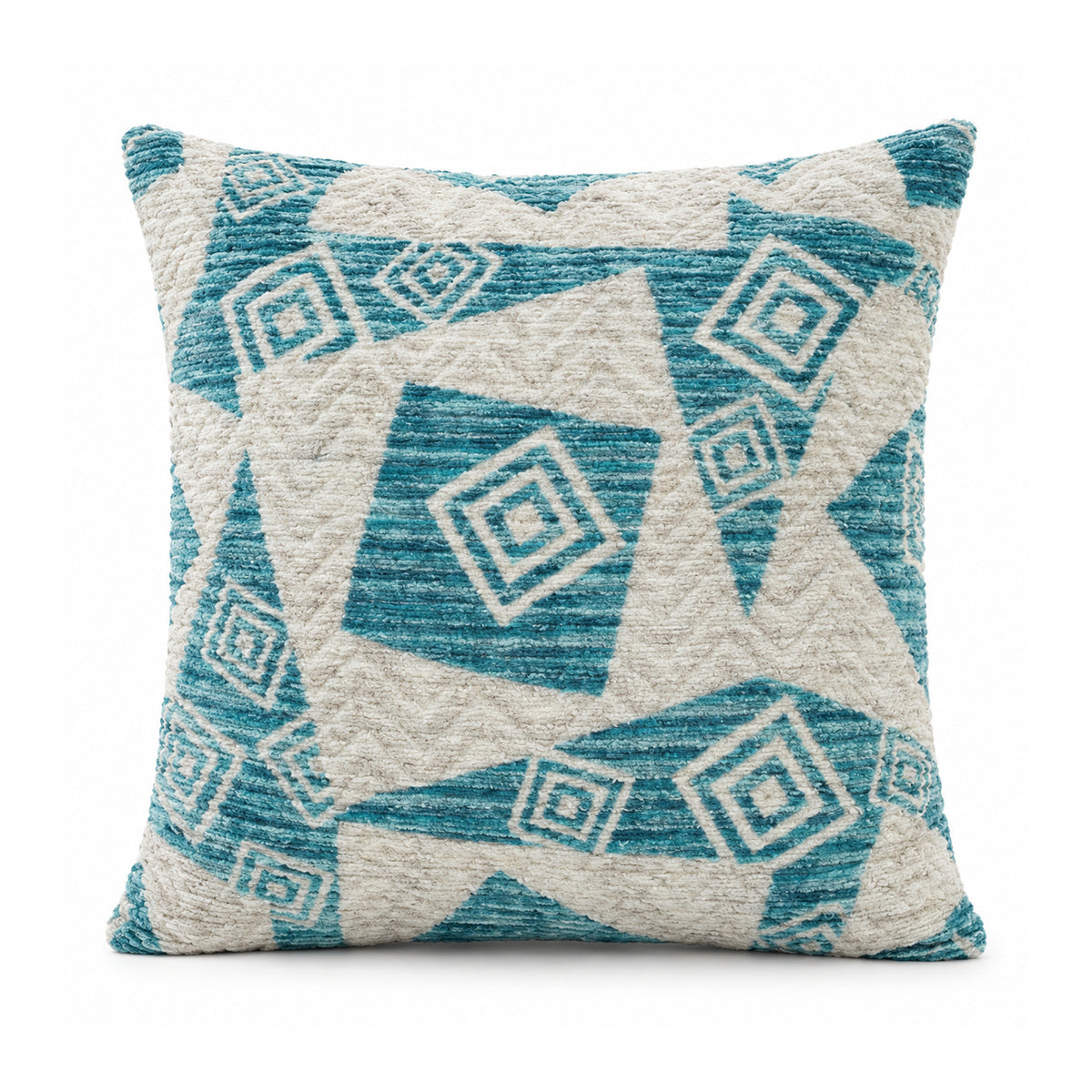 Primeval turquoise and ivory cushion with angular triangle blocks and repeating nested diamond motifs