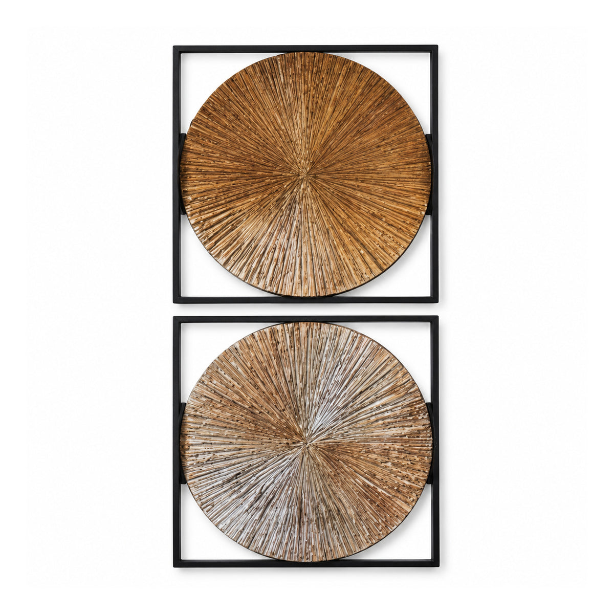 Set of two square black-framed wall art panels featuring circular wood textures with radiating etched line designs
