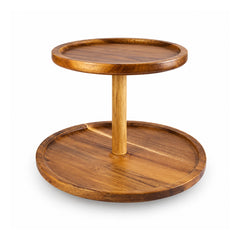 Two-tier honey-brown round wooden dessert display stand with small raised-rim top tray, wide lower plate and straight center post