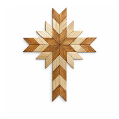 Symmetrical eight-point wooden Christmas star wall decoration made from honey-brown and whitewashed chevron-shaped slats