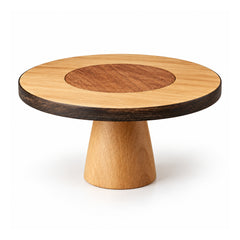Round wooden dessert stand with a darker circular center, pale honey outer ring and short tapered wooden pedestal