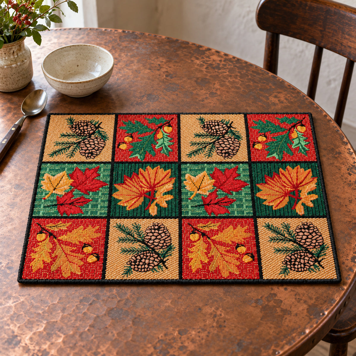 Rectangular patchwork-print placemat with vivid red green orange and golden folk floral motifs arranged in a twelve-panel grid on dark wood