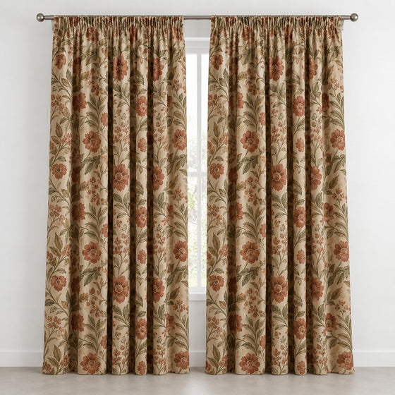 Vintage floral blackout curtains in rust and olive tones, front product view - Primeval