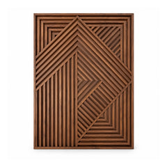 Tall framed wooden wall art panel with layered walnut-tone slats forming nested diamonds and angular geometric patterns