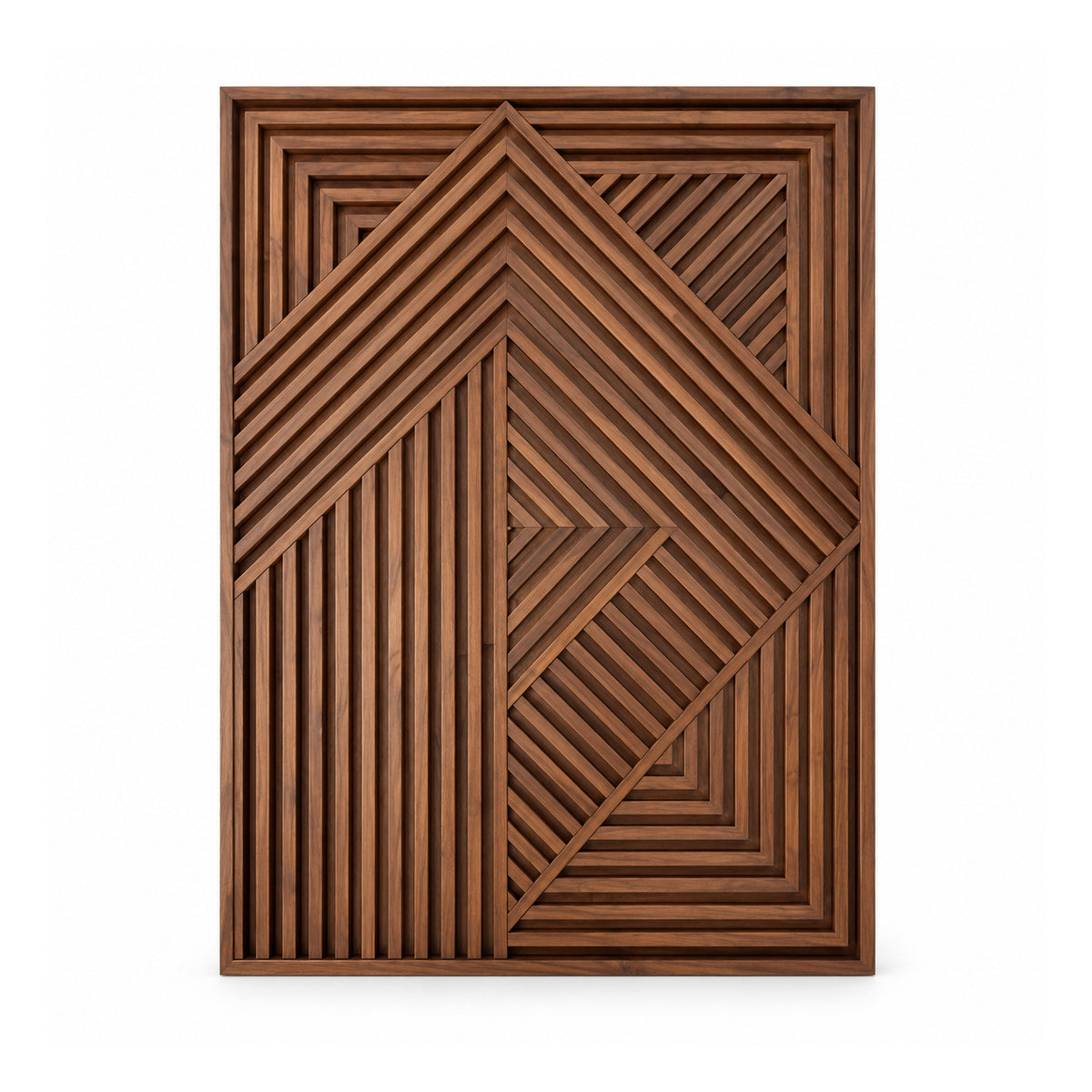 Tall framed wooden wall art panel with layered walnut-tone slats forming nested diamonds and angular geometric patterns