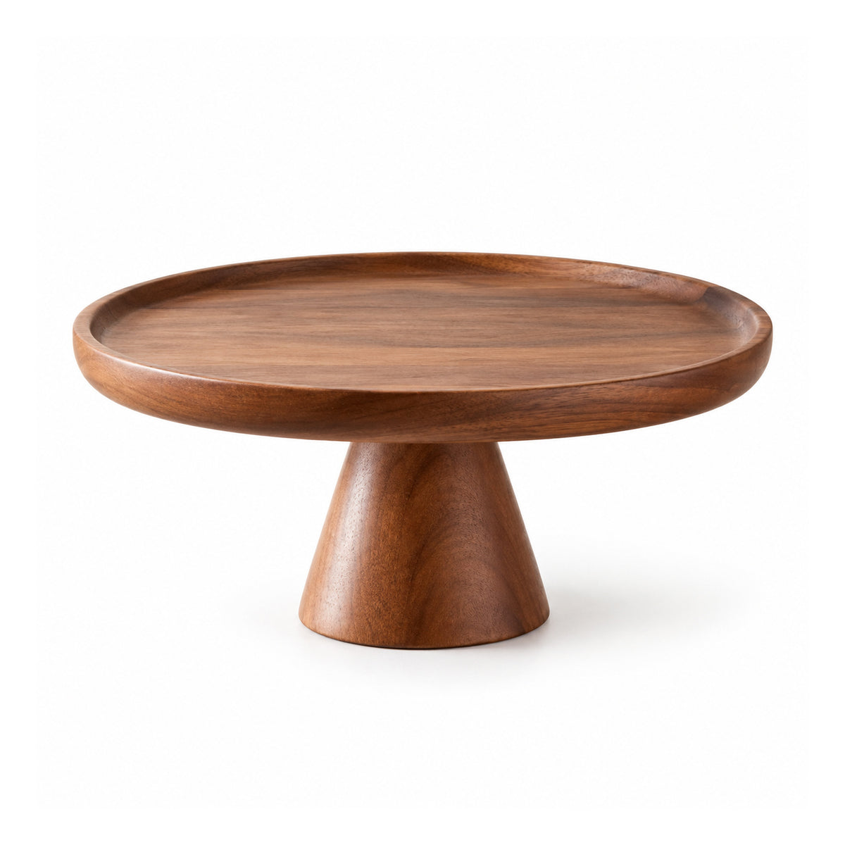 Round walnut-brown wooden display riser with a shallow raised-rim platform and short tapered trumpet-shaped pedestal