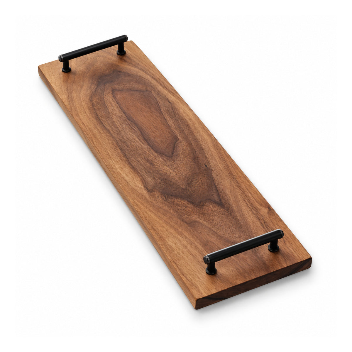 Long rectangular dark walnut-tone wooden serving board with visible grain and black metal handles at both ends