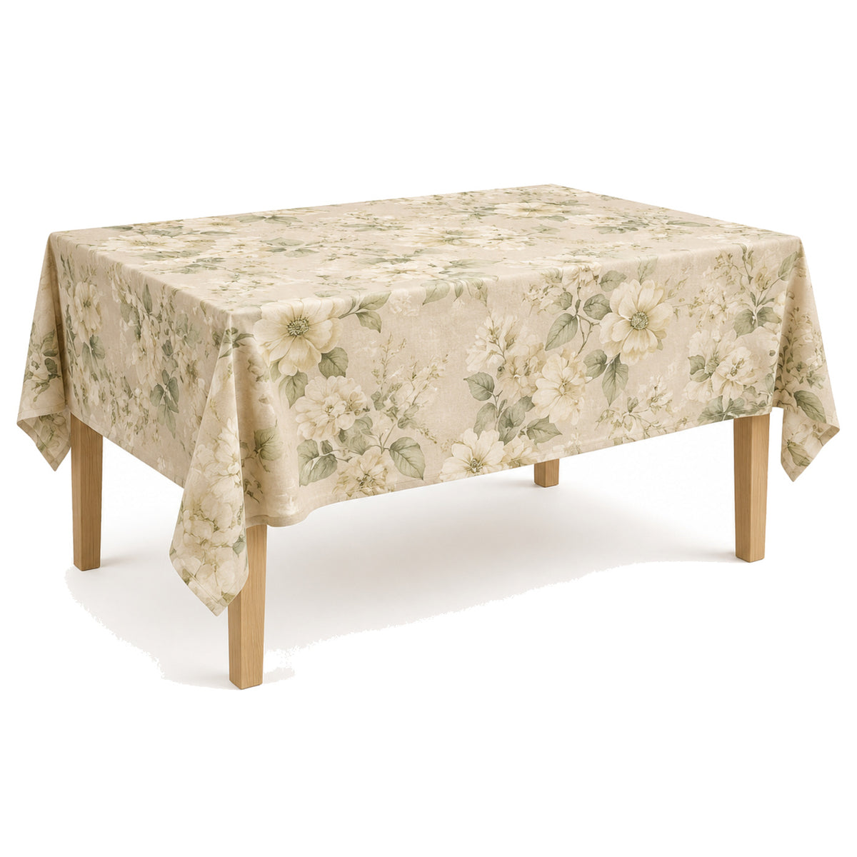 Primeval warm beige cream sage floral tablecloth displayed on a rectangular dining table