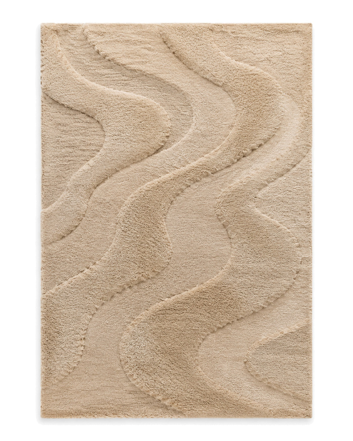 Warm beige shaggy area rug with sculpted organic wave bands on a white background.