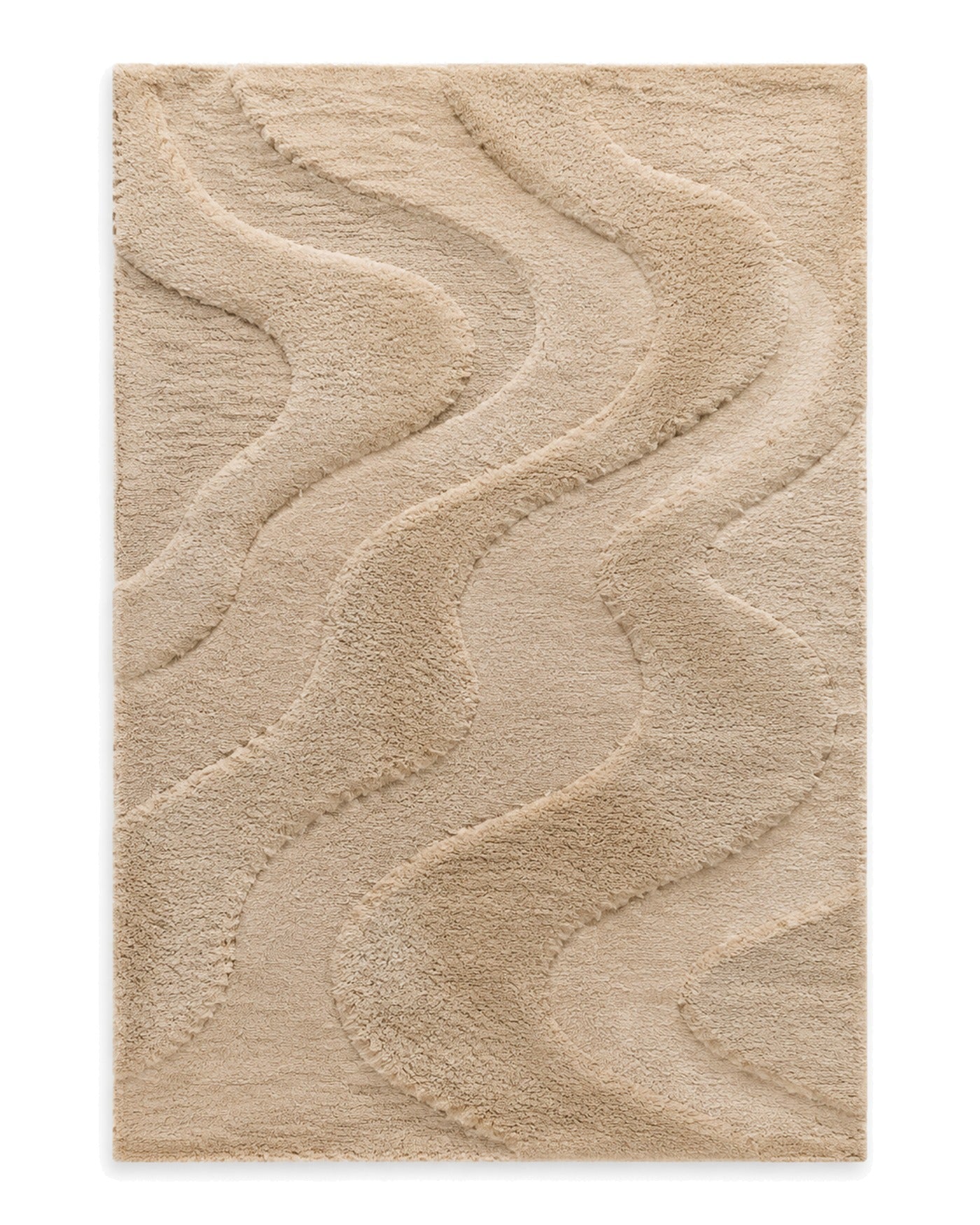 Warm beige shaggy area rug with sculpted organic wave bands on a white background.