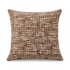 Primeval decorative throw cushion with warm brown and ivory irregular linear maze pattern