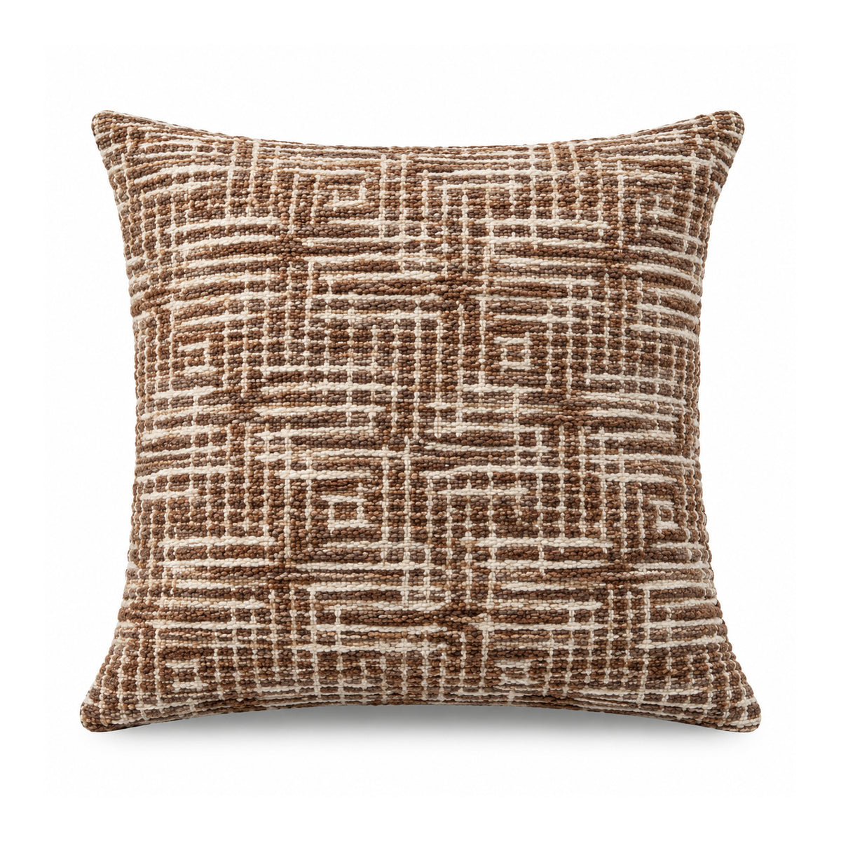 Primeval decorative throw cushion with warm brown and ivory irregular linear maze pattern